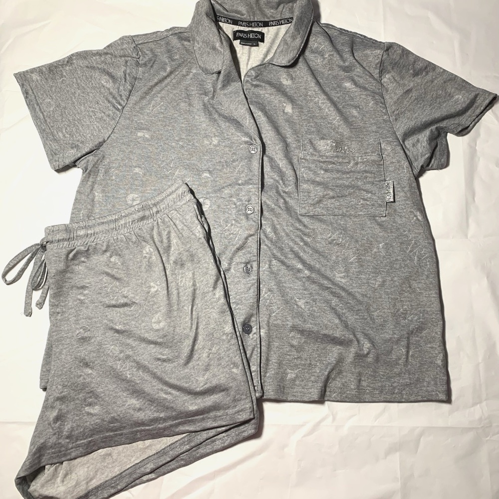 Paris Hilton Gray Womens X-Large Collar Drawstring Matching Shorts Pajama Set XL